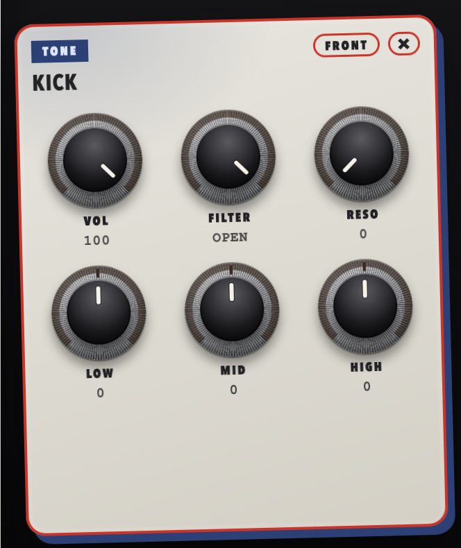 The back of the chop card: volume, filter, resonance, low, mid, high