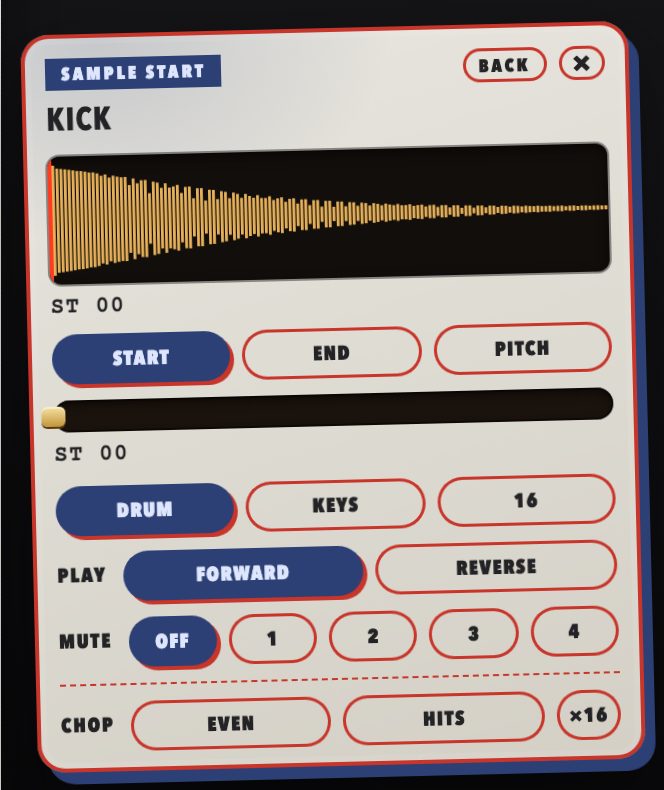 The front of the chop card: waveform, Start, End, Pitch, play modes, and chop