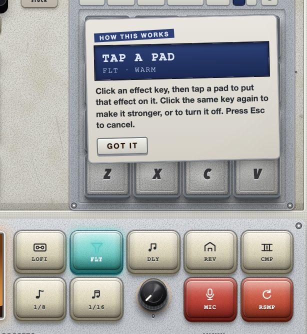 An effect key lit, with its how-it-works card
