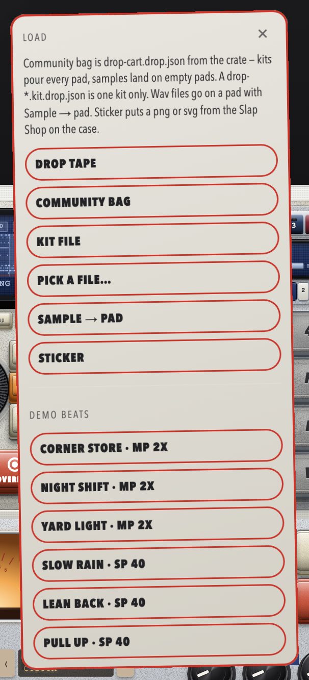 The LOAD card with its options and demo beats