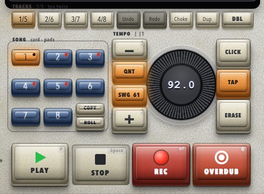 Track keys, pattern keys, tempo controls, and the transport
