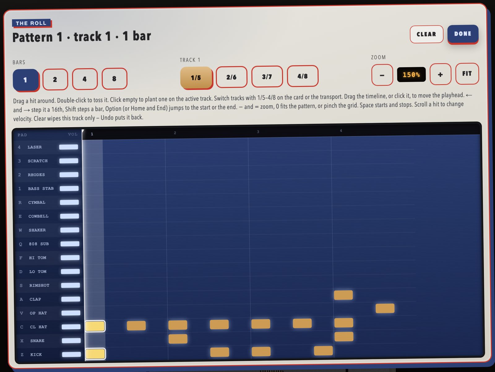 The note roll with a one-bar beat: kick, snare, closed hat, open hat, clap