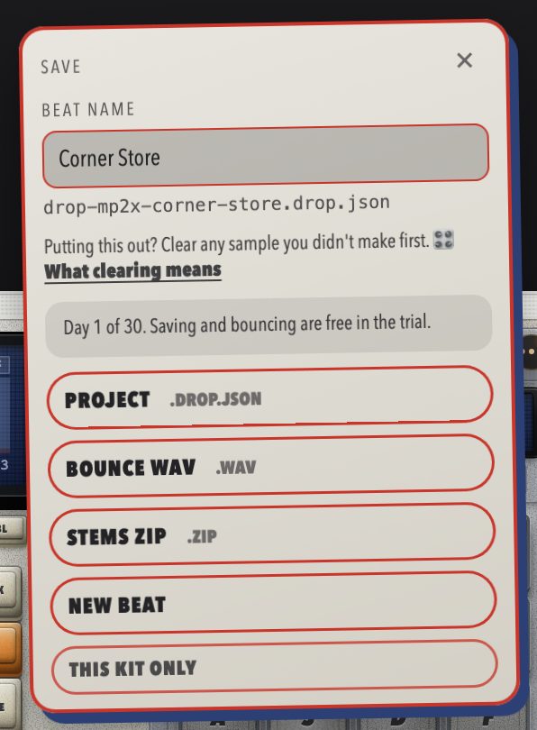 The SAVE card: beat name, Project, Bounce WAV, Stems zip, New beat, This kit only